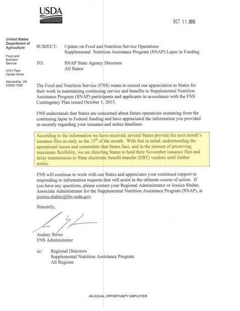 Foodstamp USDA Letter