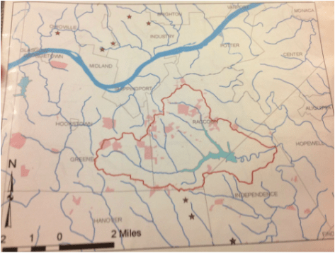 This topical map shows the Service Creek watershed in red and the Ambridge reservoir in blue.